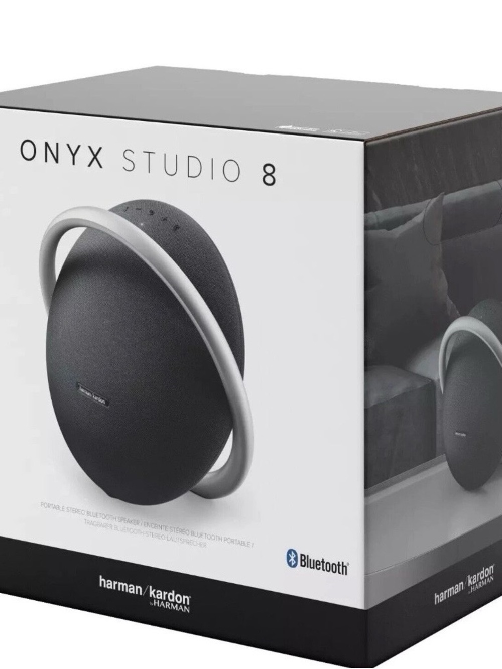 Harmon Onyx Studio 8 Black Portable Bluetooth Speaker with Silver Carry Handle